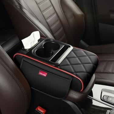 Imagem de acdiac Travesseiro de apoio de braço para console central de carro à prova d'água de couro caixa de apoio de braço automotivo com suporte de copo acessórios interiores automotivos (preto vermelho)