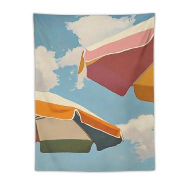 Imagem de Tapeçaria colorida para guarda-sóis de praia rosa laranja verde dosséis cena céu azul estilo pintura a óleo pendurado na parede decoração de casa náutica para sala de estar, quarto, vibração alegre