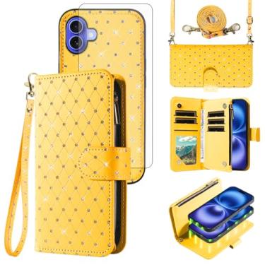 Imagem de Asuwish Capa carteira compatível com iPhone 16 de 6,1 polegadas com zíper e protetor de tela de vidro temperado, alça transversal, flip com glitter, porta-cartões, capa para celular i Phone16 i16 16