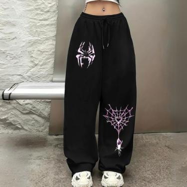 Imagem de Calça Moletom Larga Barra Reta Aranha Spider Branca Hype Confortavel, 