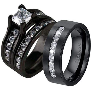 Imagem de ringheart 2 anéis para casal masculino e feminino azul cz conjunto de alianças de casamento masculinas de aço de titânio, women size7 & men size10, Metal Cristal Metal Cristal strass, Zircônia cúbica