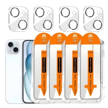 Imagem de Pacote com 4+4 para iPhone 15 Plus 6,7 polegadas, protetor de tela de vidro temperado com protetor de lente de câmera, kit de instalação premium mais fácil, sem bolhas, compatível com capas, dureza 9H