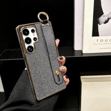 Imagem de Capa com suporte e pulseira brilhante para Samsung Galaxy S25 S24 Ultra S22 Plus S23 FE, cor sólida (para Galaxy S25/Preto)