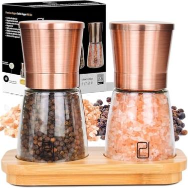 Imagem de Conjunto de moedor de sal e pimenta premium – Melhor moedor de aço inoxidável de cobre para chef doméstico, tampas magnéticas, moedores de especiarias de cerâmica lisa com espessura fácil e ajustável, sal e pimenteiro – 170 g