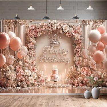 Imagem de 2,1 x 1,5 m Rosa Princesa Feliz Aniversário Pano de Fundo Brilhante Prata Estrelada Elegante Coroa Rosa Balões Bolo Pano de Fundo Princesa Meninas Decorações de Festa Fotografia Fundos de Estúdio