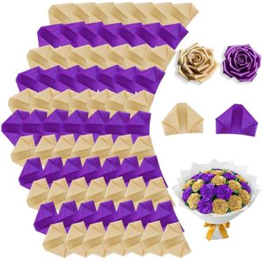 Imagem de TONIFUL 200 peças de fita de cetim roxa e dourada pétalas de rosa semi-acabadas para rosa eterna faça você mesmo, buquês de flores, artesanato para dia dos namorados, formatura, casamento, aniversário