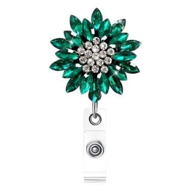 Imagem de Ascrafter Porta-crachá retrátil de luxo, carretel de crachá brilhante, clipe de crachá de nome de cristal brilhante para mulheres (verde)