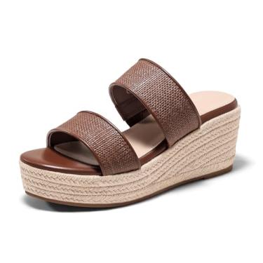 Imagem de Coutgo Sandálias femininas plataforma plataforma alpargatas duas faixas salto aberto sapatos verão praia férias, Marrom, 37