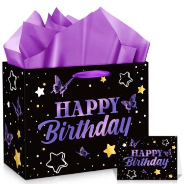 Imagem de LUUFILx Saco de presente roxo preto para presente de feliz aniversário com cartão e papel de seda para meninas, mulheres, lembrancinhas de festa de aniversário, crianças e adultos
