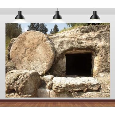 Imagem de CORFOTO Tecido de 2,1 x 1,5 m Pano de fundo vazio da tumba de Jesus Jesus ressuscitado para decoração de igreja cristã religiosa cena de Páscoa, adereços para fotos