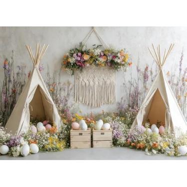 Imagem de DULUDA Tenda de fundo para primavera, Páscoa, 2,8 x 1,5 m, ovos coloridos, canteiros de flores, fundo fotográfico, festa infantil, decoração de festa, banner