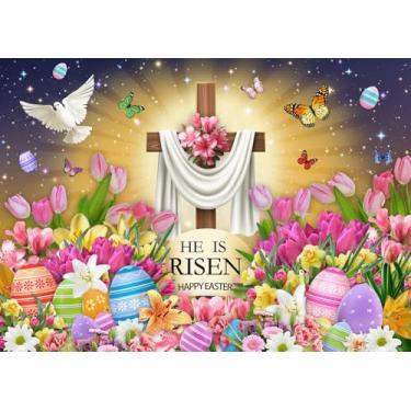 Imagem de He is Risen Pano de fundo Feliz Páscoa Jesus Ressurreição Cruz Lírio Flores Pomba Ovos Coloridos Fotografia Fundo Cristão Religioso Decoração de Festa Casa Banner Foto Adereços (20 x 1,5 m)