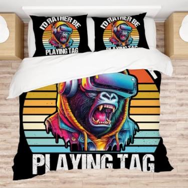 Imagem de Allenjoy Conjunto de edredom Queen Size Vr Gorilla Game Chasing Gorillas, decoração de quarto com 2 fronhas SC00305-005