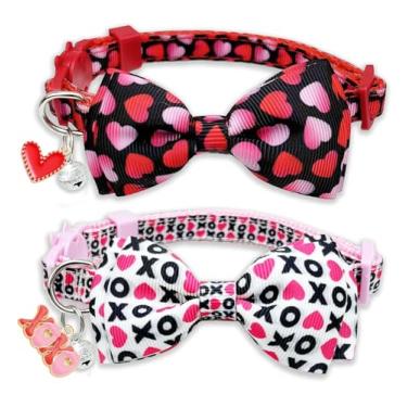 Imagem de Pohshido Pacote com 2 coleiras para gatos com gravata borboleta e berloques de Natal com estampa XOXO com sino para meninos e meninas, gatos, machos e fêmeas
