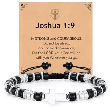 Imagem de Pulseiras masculinas com contas de cruz cristã – Pulseira masculina de ágata preta natural ajustável para confirmação de batismo e páscoa, presente legal de aniversário, dia dos namorados, pais