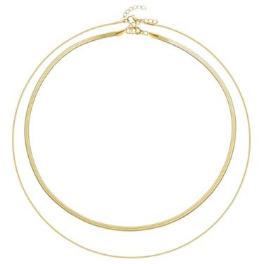 Imagem de Jewanfix Colar em camadas banhado a ouro 14K feminino, conjunto de colar de prata, corrente de cobra, pedra colorida, moda cruzada para mulheres, ‘16+2’ ‘18+2’, Aço inoxidável, Sem Pedra Preciosa