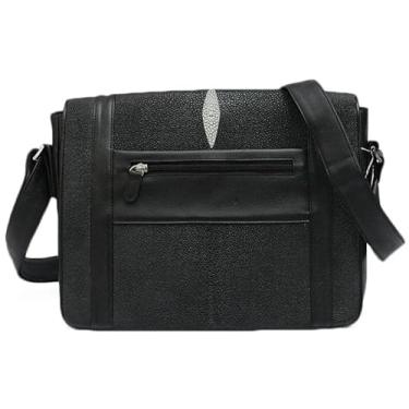 Imagem de Bolsa masculina autêntica real Stingray Skin casual, preta, bolsa com aba, couro legítimo, bolsa mensageiro de ombro único