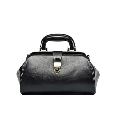 Imagem de Erivis Bolsa feminina de couro genuíno retrô bolsa médica feita à mão com camada de prepúcio de vaca bolsa de ombro tipo fivela bolsa feminina, Preto