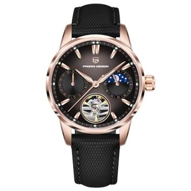 Imagem de Pagani Design Relógio masculino automático de luxo esqueleto turbilhão fase da lua aço inoxidável 100 m pulseira de couro impermeável relógio mecânico masculino, Dourado, preto, Clássico