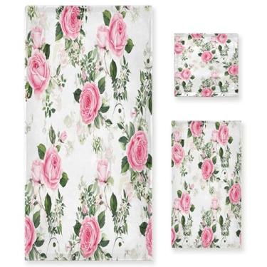 Imagem de xigua Conjunto de toalhas de banheiro rosas e folhas toalha de banho macia absorvente de 3 peças toalha de mão toalhas decorativas para banheiro, academia, hotel, praia, piscina