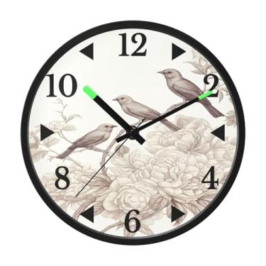 Imagem de STAYTOP Relógio de parede de LED de pássaros e flores estilo retrô para quarto com brilho noturno, relógios de parede silenciosos de 30,5 cm para decoração de sala de estar, controle de som, relógio