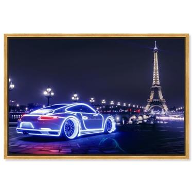 Imagem de Art Remedy Impressões de arte neon em tela neon para carro Paris brilhante, moldura dourada, 76 cm x 50 cm