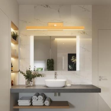 Imagem de Luminária de parede sobre espelho, luzes de madeira LED para banheiro, arandela giratória, dimerizável, 3 cores de luz, iluminação de parede em madeira para banheiro, sala de estar e quarto