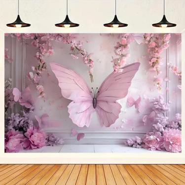 Imagem de Fundo De Festa De Aniversário Tema Princesa Borboleta Rosa Com Flores,