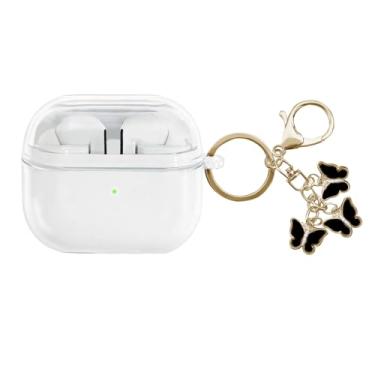 Imagem de AIIEKZ Compatível com Samsung Galaxy Buds 3 Pro e Galaxy Buds 3 (2024), capa de silicone macio com padrão de coração dourado com chaveiro de borboleta fofo para meninas e mulheres (transparente)