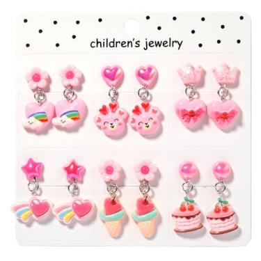 Imagem de PinkSheep Brincos de pressão para meninas, brincos rosa de princesa sem piercing com corações, coroas, bolo para crianças de 3 a 12 anos, lembrancinha de festa