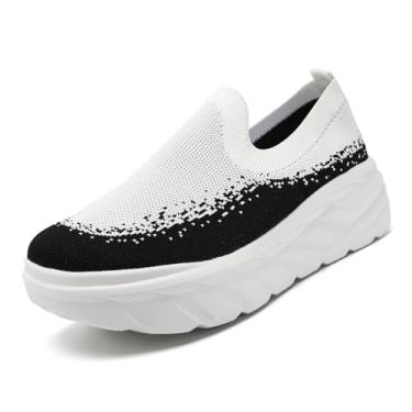 Imagem de VXGGVX Tênis feminino plataforma grossa tênis corrida caminhada malha leve respirável academia conforto trabalho esportes escondido sapatos elevador, Branco e preto, 9.5 Wide