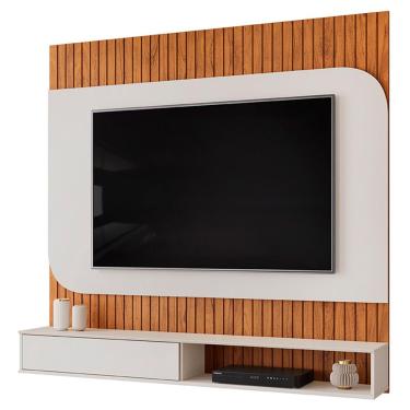 Imagem de Painel Ripado TV 65 Pol com Bancada Suspensa 150cm Ezra D05 Freijó Off White - Lyam Decor