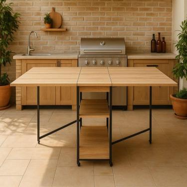 Imagem de Bancada Alta Dobrável 2m Amadeirado Claro Ergonômica Multiuso Para Atelier Festa Cozinha Mdf Ferro