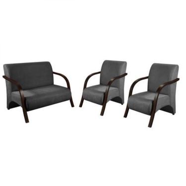 Imagem de Kit 3 Peças Poltrona Braço Madeira Suede Tecido Grafite