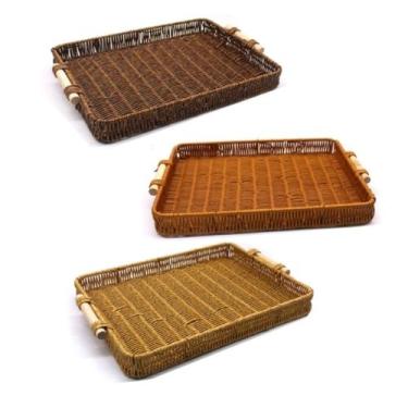 Imagem de 3 Bandeja Trançada Organizador Cesto Pão Vime Rattan c/ Alça - Y888