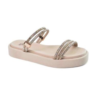 Imagem de Tamanco Godiva Plataforma Pedraria Feminino Creme Elegante, Amêndoa, 3