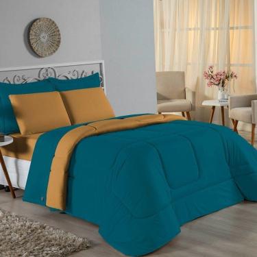 Imagem de Edredom Solteiro Nobre 1 Peça Dupla Face 1,60m X 2,40m Malha 100% Algodão - Petróleo / Cobre