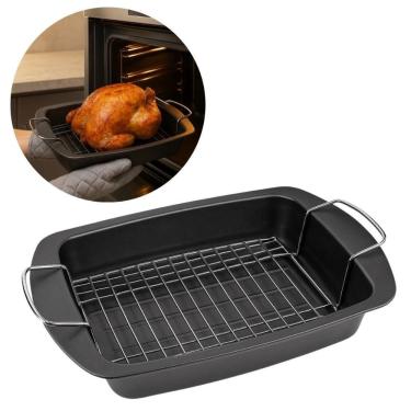 Imagem de Assadeira Retangular com Grade para Forno Grande Antiaderente em Aço Carbono Alta Perfo...