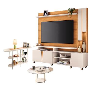 Imagem de Estante Home Theater Virtus E Mesa De Centro Sky Com Tampo De Vidro E Aparador Infinity Cinamomo Off White - Hb Móveis