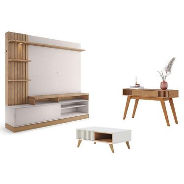 Imagem de Estante Home Theater Maceió Com Mesa De Centro Jeri Off White Freijó E Aparador Riviera...
