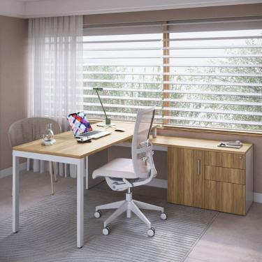 Imagem de Mesa Para Escritório Em L Com Balcão 1 Porta 3 Gavetas Idea A03 Nogal Sevilha Branco -...