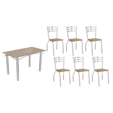 Imagem de Sala Jantar Mesa Elba Tampo Madeirado c/ Vidro 120cm e 6 Cadeiras Port
