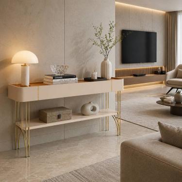 Imagem de Aparador Vivaz 160cm Pés Ferro Dourados Mdf Luxo Sala Moderna Hall de Entrada - Off Whi...