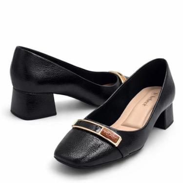 Imagem de Scarpin Feminino Bebecê Salto Bloco Médio com Fivela Dourada e Detalhe
