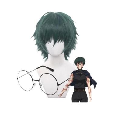 Imagem de Peruca Verde Curta Para Cosplay De Jujutsu Kaisen Maki Zenin Com Óculo