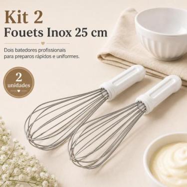 Imagem de Kit Batedor Fouet Inox Profissional 25cm Branco Fue Creme Clara 02 peç