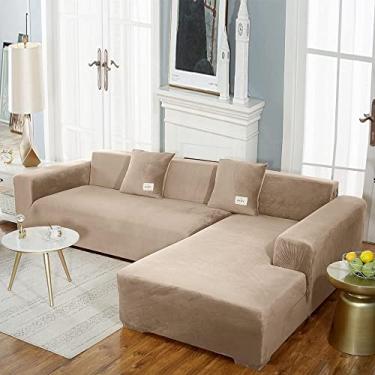 Imagem de Capa de sofá seccional, capa para sofá Chaise Longue, capas de sofá elásticas grossas com vara de espuma antiderrapante capas de sofá em formato de L protetor de móveis para sala de estar - Chaise camelo Longue 3 assentos