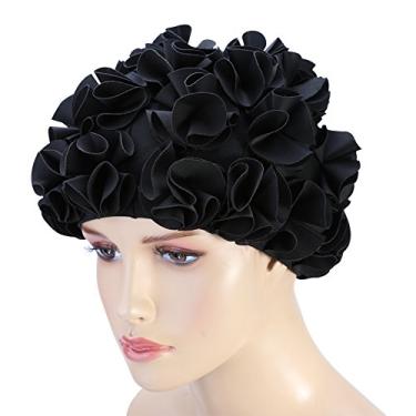 Imagem de Moda flor nadar, cabelo longo nadar feminino adulto crianças retrô floral pétala natação chapéus moda elástico cabelo longo banho banho (Preto) bonés de natação para mulheres nadar preto flor chapéu de natação