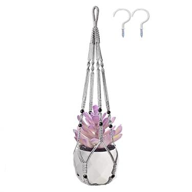 Imagem de Macrame Plant Hanger Indoor & Outdoor wall Hanging Planter + 2 Hooks Hanging Planters Basket Cotton Rope 4 Legs 35 Inch used for Herbs Ferns Ivy Crawling Plants Hanging Planters(Grey)