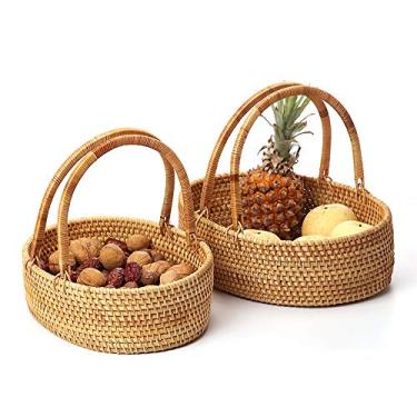 Imagem de Cesta de armazenamento feita à mão, tigela de frutas, bandeja portátil para lanches, doces, biscoitos, pão (kit de 2 tamanhos)